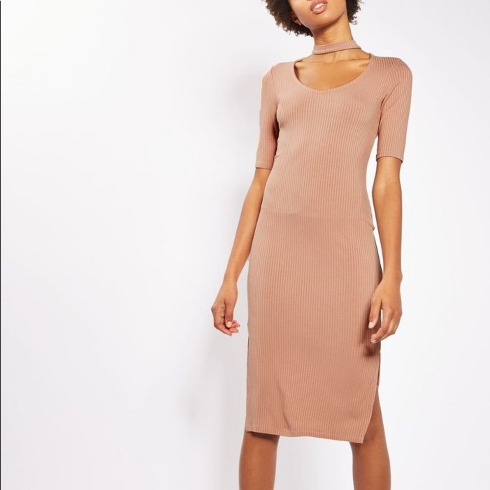 Topshop Ribbed Midi Dress Collar Choker Cut Dress